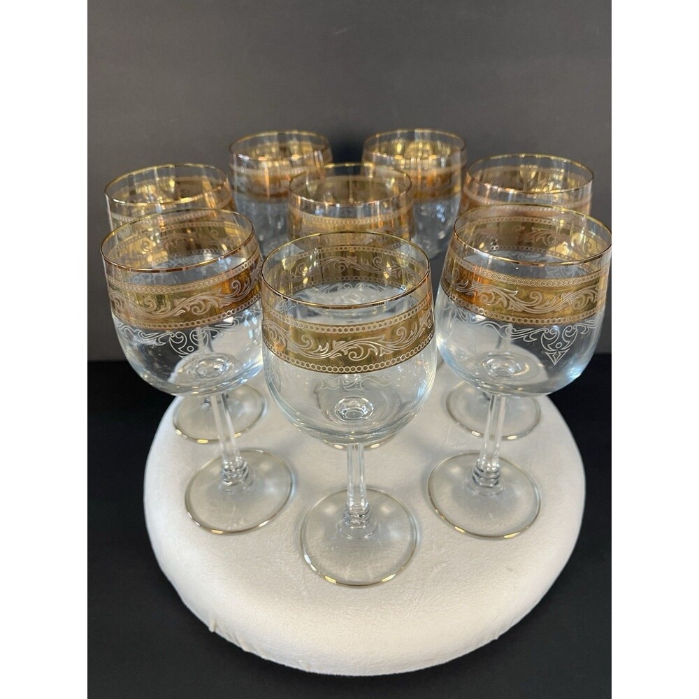 Vintage Stolzle Crystal Wine Goblet Glasses Gold Trim and White Band, Set of 8 - Picture 8 of 12